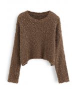 Suéter de punto calado esponjoso recortado en marrón
